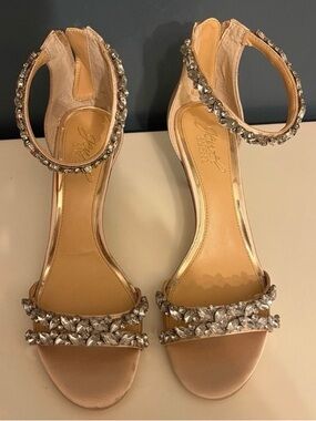 Badgley Mischka Crystal-Embellished Nude Strappy Heels